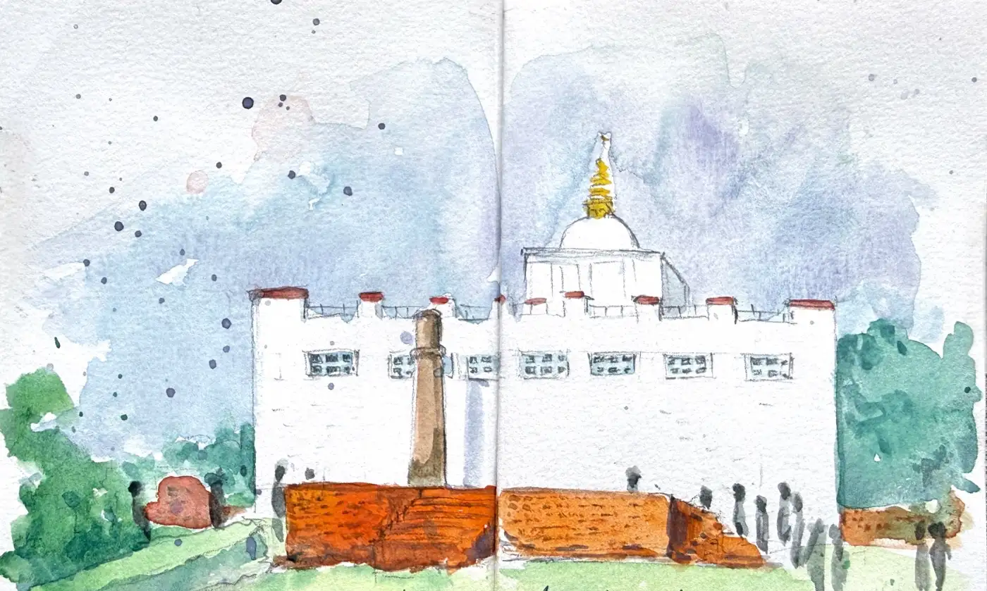 The white temple block with a small gold spire behind it, a long orange brick wall running across the front, dark trees behind, and flecks of ink thrown across the sky