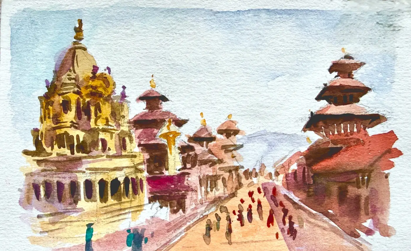Patan Durbar Square painted wet and loose: a gold stone tower on the left, tiered pagoda roofs on the right, and a crowd flowing away up the square in flecks of red
