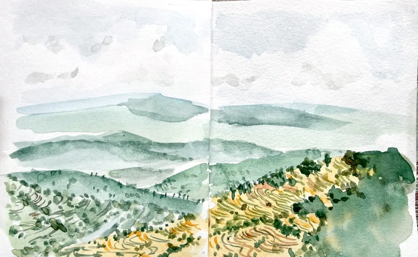 Green ridges going back into haze, one behind another, with terraced fields cut into the near hillside in ochre and green