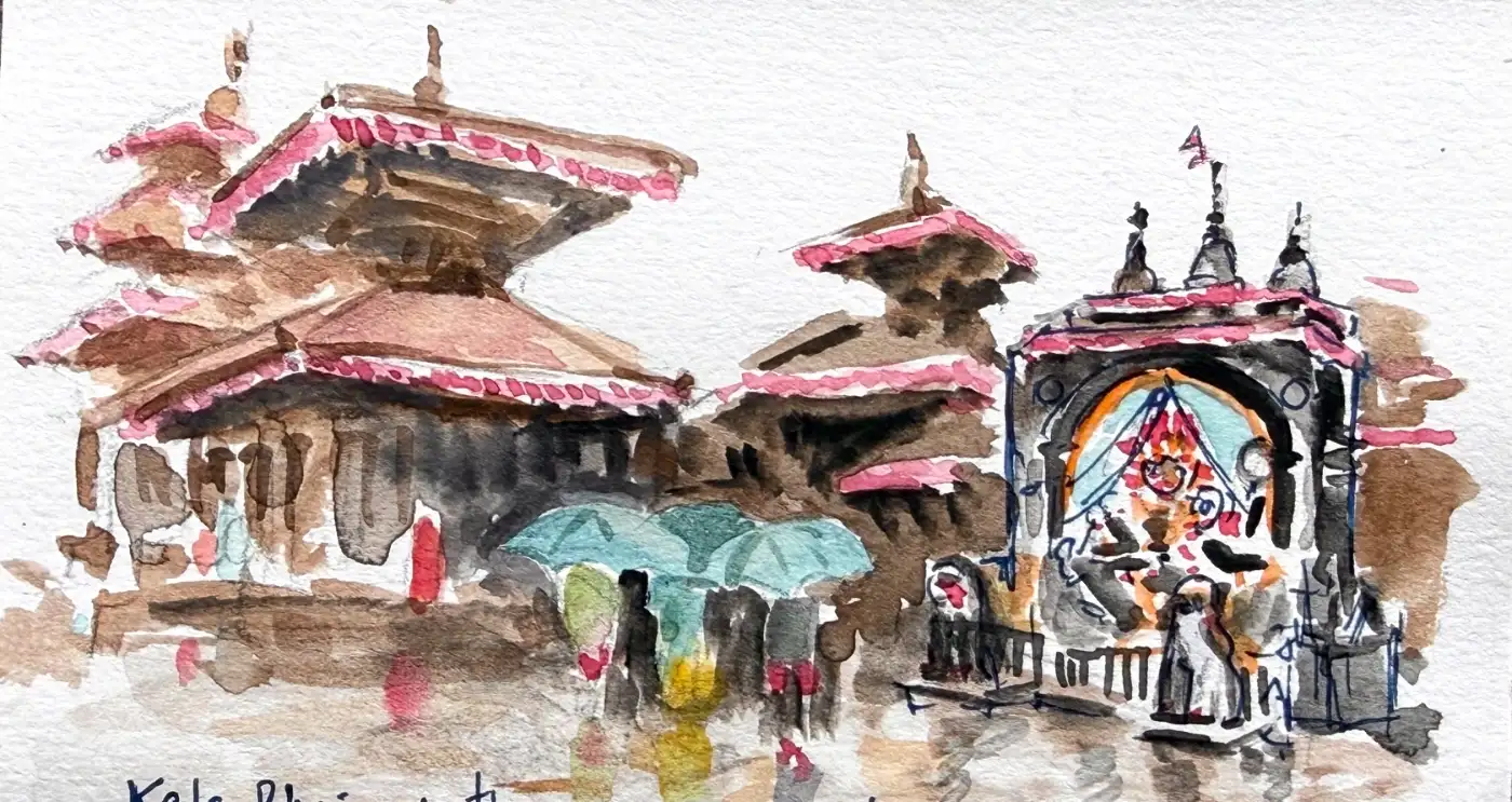 Pagoda roofs with pink-edged tiles, a group sheltering under pale green umbrellas, and the Kala Bhairav shrine at the right in orange, blue and black