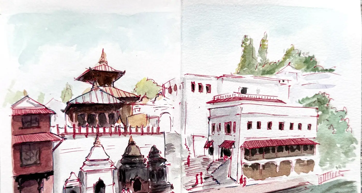 Temple roofs and shrines drawn in red and blue pen over pale washes, with the ghat steps running down towards the river and a long arcaded building on the far bank