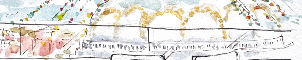 The café railing and the backs of two chairs, drawn in thin pen right across the view