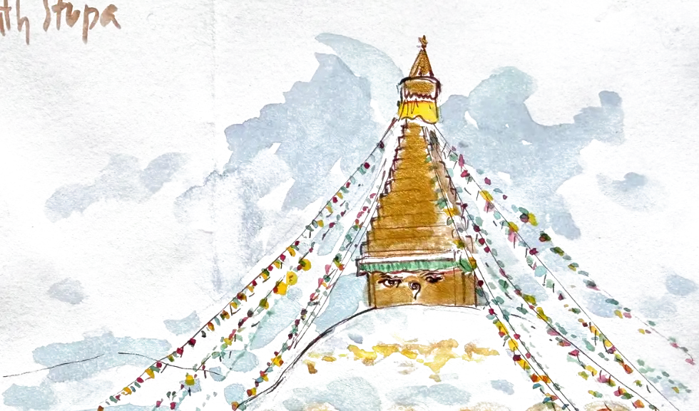 The great white stupa, gold spire on top, strings of prayer flags fanning down from it like the guys of a tent