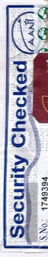 A blue and white security-checked baggage tag with a serial number down its length