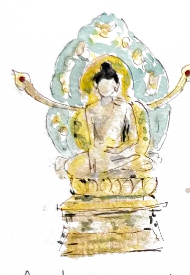 The gold Buddha that stands in arrivals, seated cross-legged on a lotus with many arms raised, against a soft green-gold halo