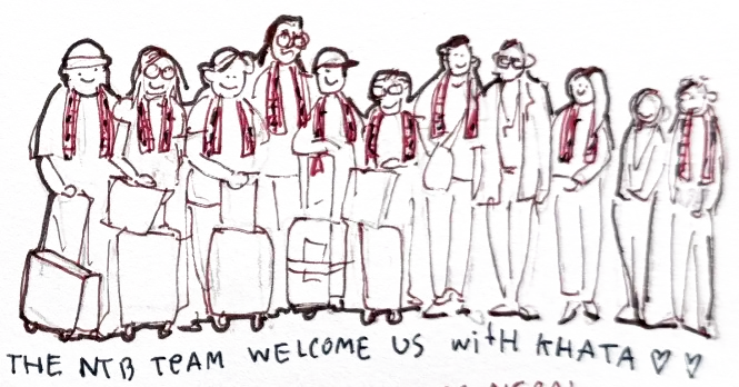 A line of arriving travellers drawn quickly in brown ink, each with a red khata over the shoulders, suitcases at their feet