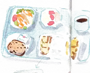 The meal tray from above, drawn in pale blue: rice and vegetables, a cake, a bread roll, and a cup of black coffee