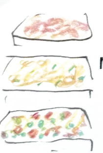 Three trays of curry stacked one above the other, red, yellow and green
