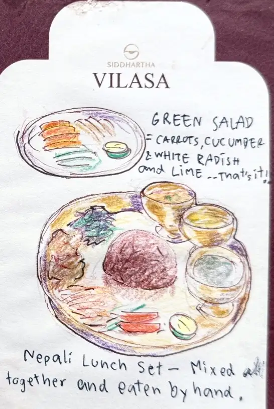 The Siddhartha Vilasa menu cover, glued in whole, with a Nepali lunch set painted onto it: a wide metal plate of rice and small bowls, and a green salad above