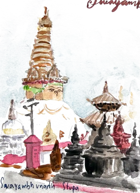 Swayambhunath: the painted eyes on the tower, and a crowd of small grey and black votive shrines massed on the terrace in front of it