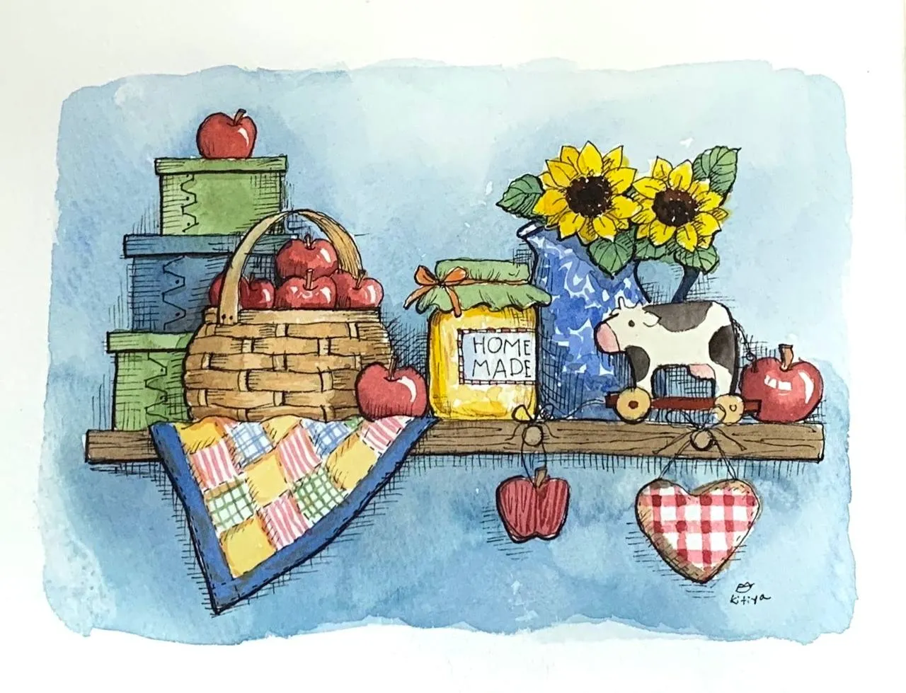 A watercolour of a country shelf — apples in a basket, sunflowers in a blue jug, a HOME MADE jar, a patchwork quilt and a gingham heart